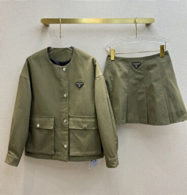 prada army green round neck jacket + short pleated skirt suit