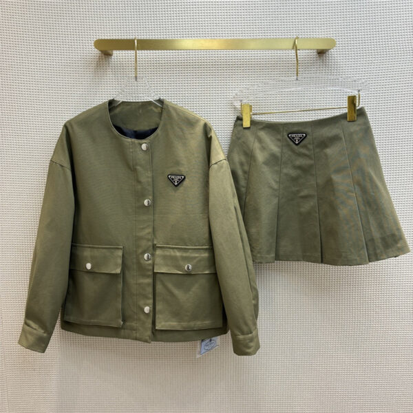 prada army green round neck jacket + short pleated skirt suit