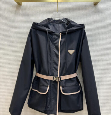 prada hooded contrasting edged waist design trench coat
