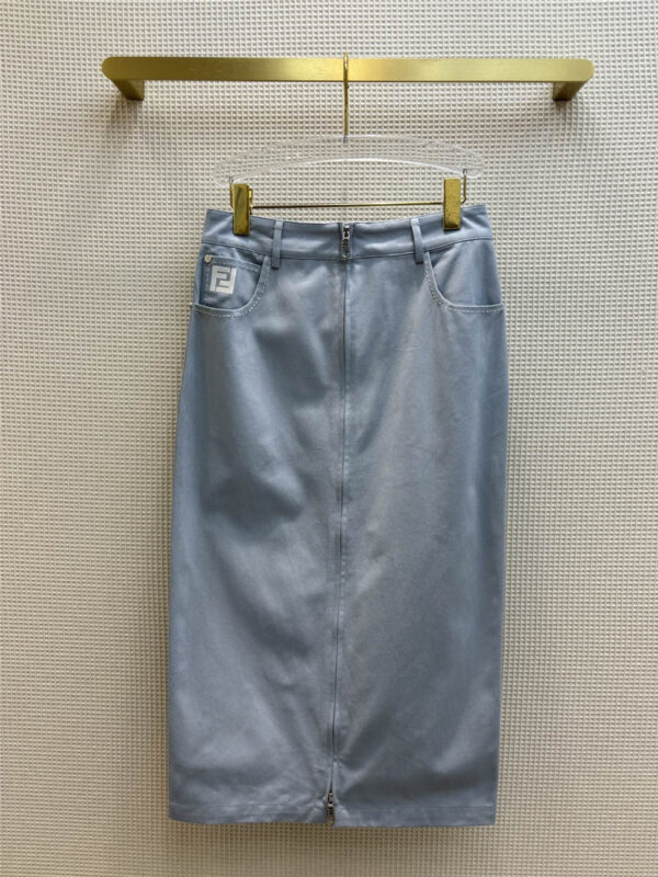fendi double F letter embroidered zippered slit arm denim skirt