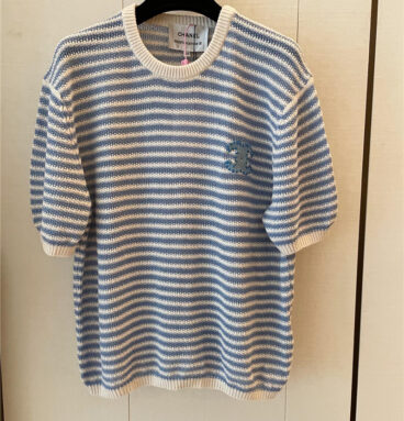 chanel blue and white striped knitted short sleeves