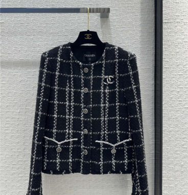 Chanel premium black and white tweed plaid jacket