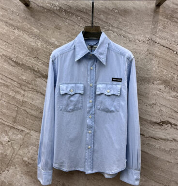 miumiu pocket micro label lapel long sleeve denim shirt