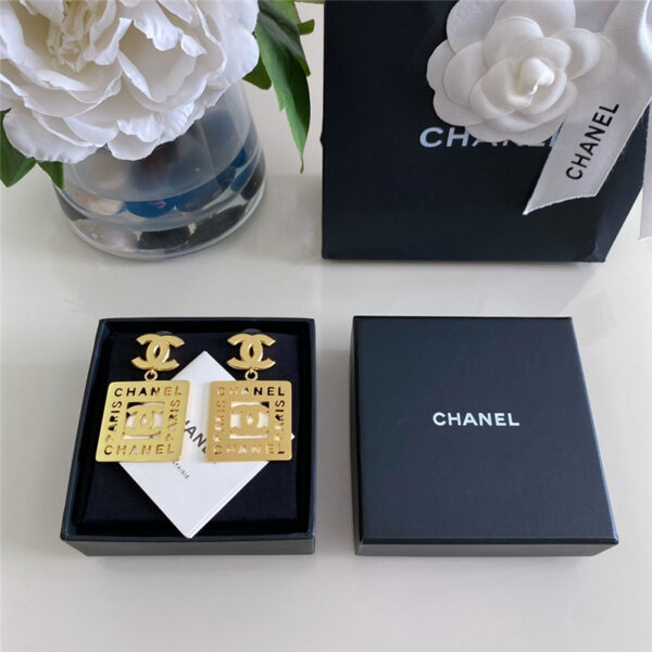 chanel double c hollow square letter earrings