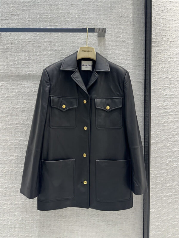 miumiu lapel hunting style four-pocket leather jacket