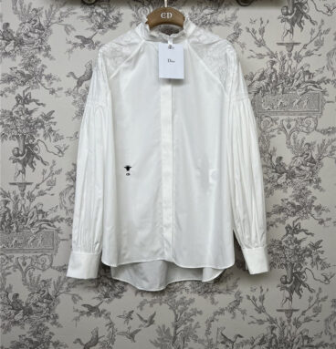 dior butterfly embroidered stand collar puff sleeve shirt
