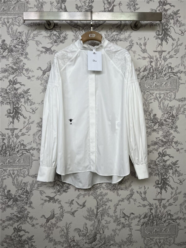 dior butterfly embroidered stand collar puff sleeve shirt