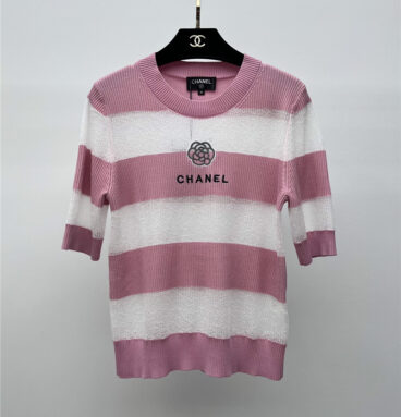 chanel camellia striped knitted short sleeves