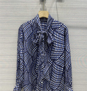 tory burch 3D geometric premium blue plaid printed silk shirt