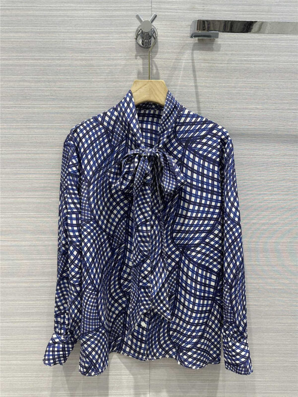 tory burch 3D geometric premium blue plaid printed silk shirt