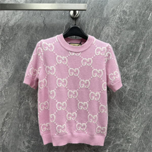 gucci pink and white GG jacquard short-sleeved sweater