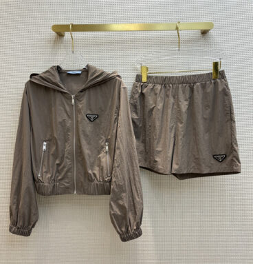 prada hooded zipper jacket + elastic waist shorts set