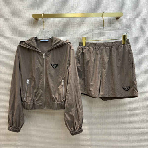 prada hooded zipper jacket + elastic waist shorts set