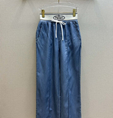 prada new contrast color drawstring elastic waist tencel jeans