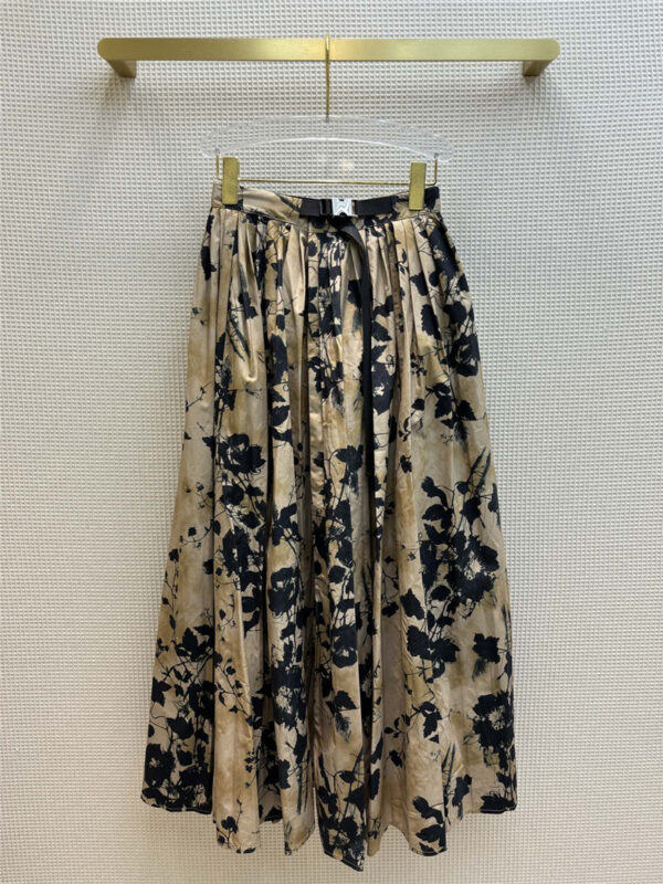 dior French black floral print functional button long skirt