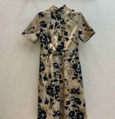 dior French black floral print half-buttoned short-sleeved dress