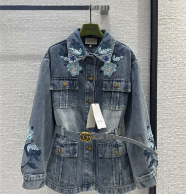 gucci new heavy embroidered floral denim jacket