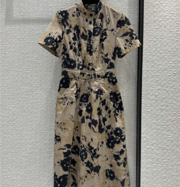 dior new black floral khaki stand collar dress