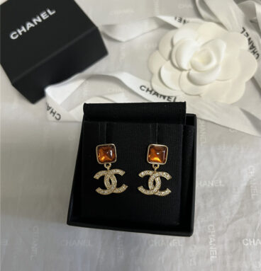 chanel orange gem rhinestone double c earrings