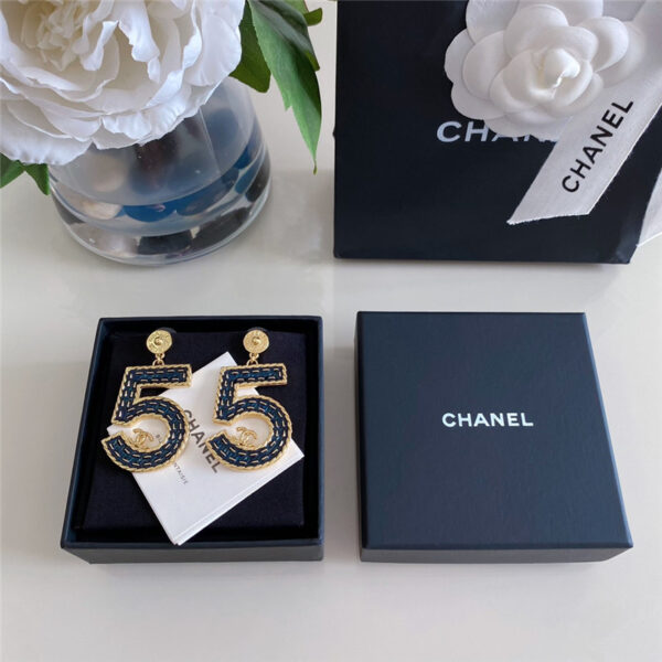 chanel denim 5-letter button letter earrings