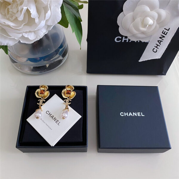 chanel camellia gemstone drop pearl earrings