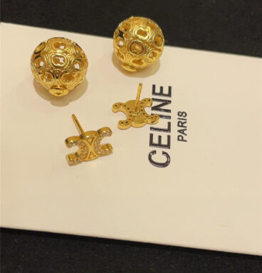 Celine Rhinestone Gold Arc de Triomphe Logo Ball Stud Earrings