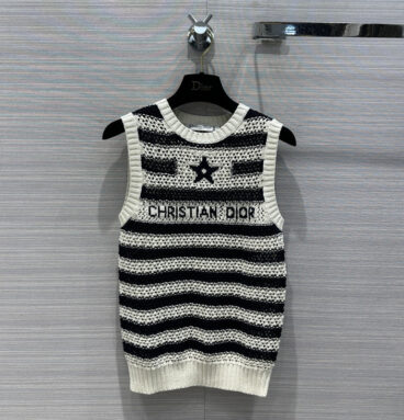 dior navy blue and white color hollow knitted vest