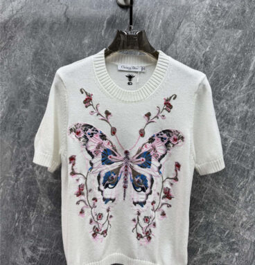 dior embroidered butterfly pattern short-sleeved T-shirt