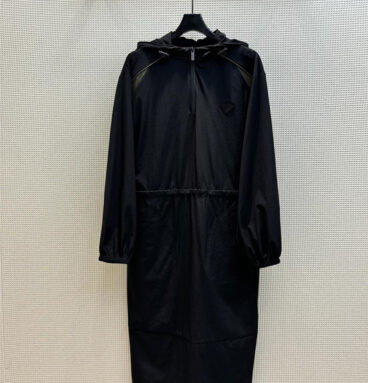 prada drawstring hooded half-zip dress with triangle logo