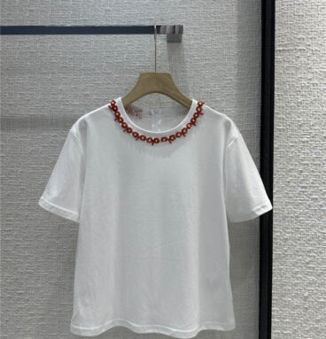 valentino red coral crystal bead hoop collar cotton T-shirt