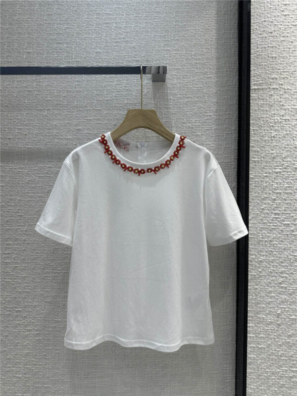 valentino red coral crystal bead hoop collar cotton T-shirt