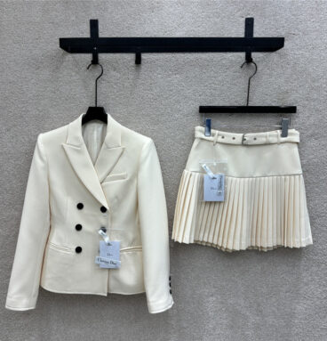 dior blazer + patchwork pleated skirt suit