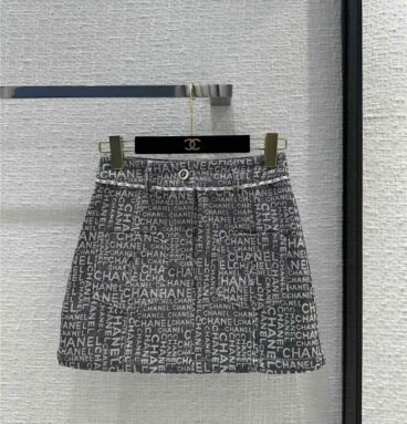 chanel off-white logo print denim skirt
