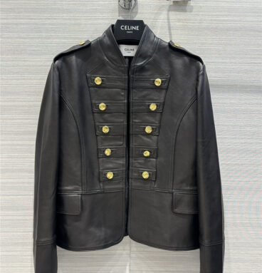 celine military style belted jacket leather jacket
