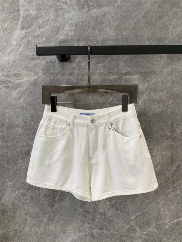 prada triangle logo white denim shorts replica designer clothes