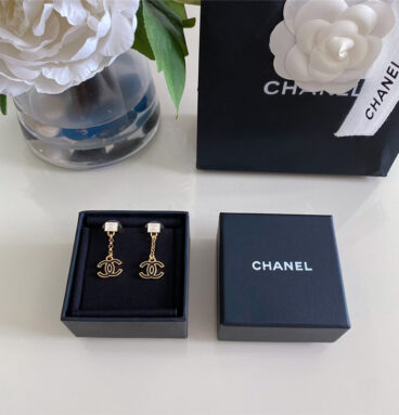 chanel white square chain black gold double c earrings