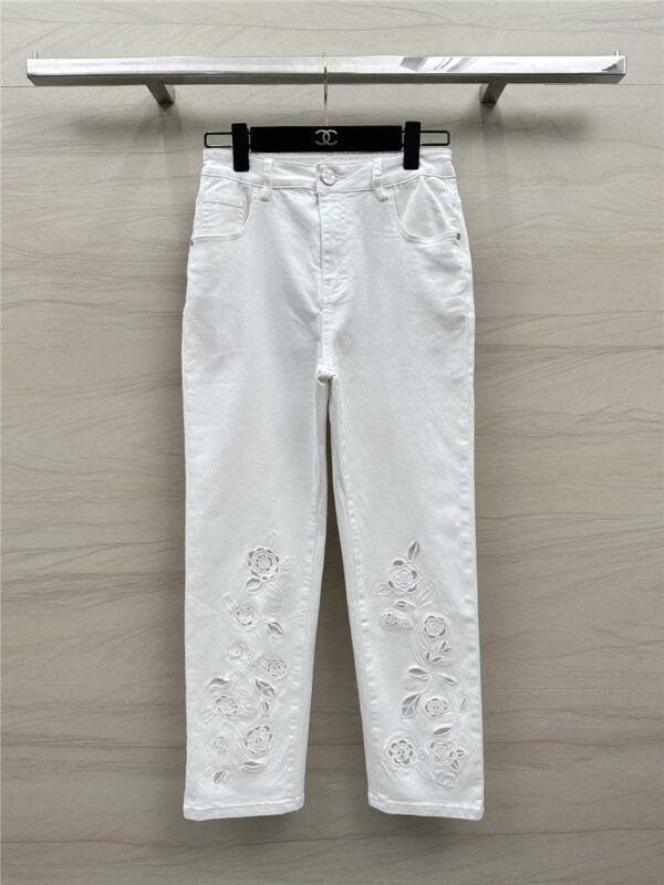 chanel hollow embroidered denim trousers replica clothing sites