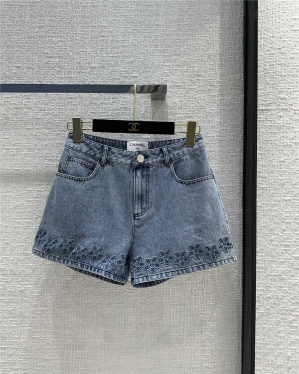 chanel hollow embroidered denim shorts replica clothes
