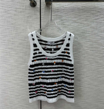 chanel contrast striped knitted crew neck vest replica clothing