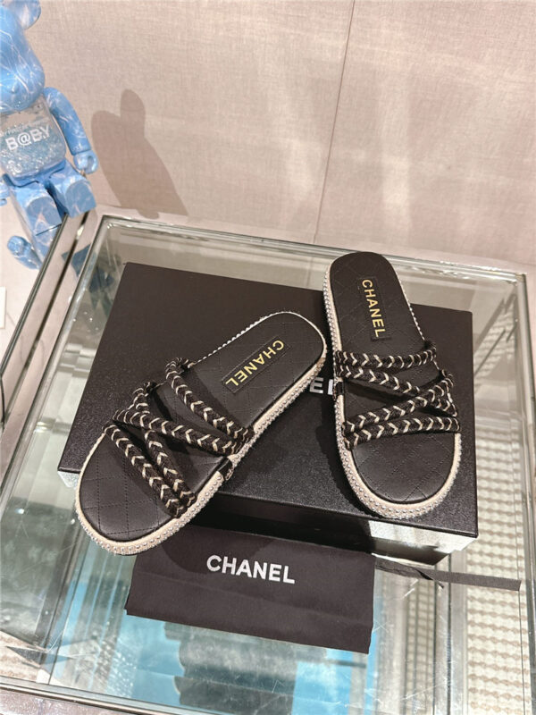 chanel cross strap straw hemp slippers replica shoes