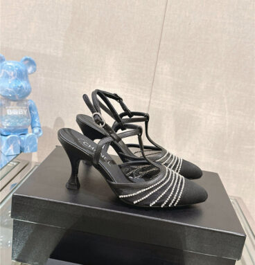 chanel mesh rhinestone high heel sandals replica designer shoes