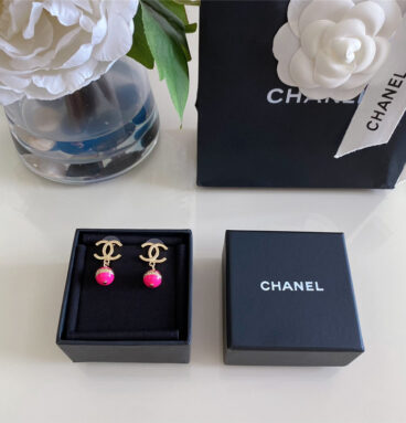 chanel gold double c hanging pink bead earrings