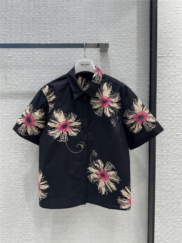 prada black floral print short sleeve shirt replicas clothes