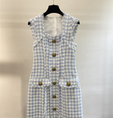Balmain blue and white plaid fringe dress replica clothes