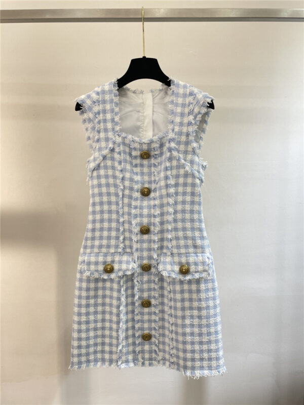 Balmain blue and white plaid fringe dress replica clothes