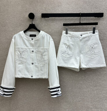 chanel round neck denim jacket + denim shorts replica clothes