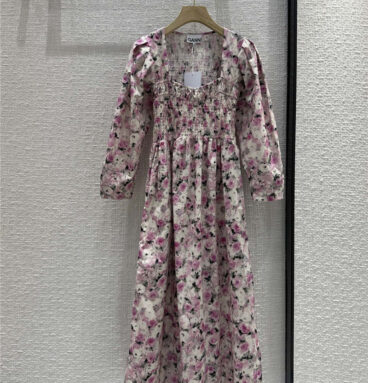 Ganni pink floral print puff sleeve dress replica clothes
