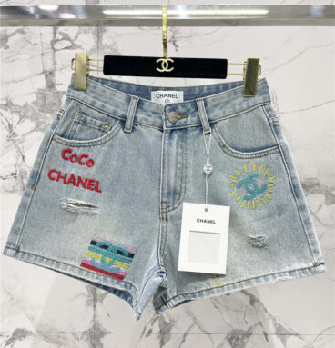 Chanel two-tone embroidered ripped denim shorts replica clothes