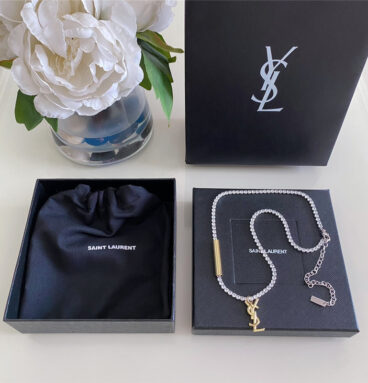 YSL full diamond chain contrast logo necklace