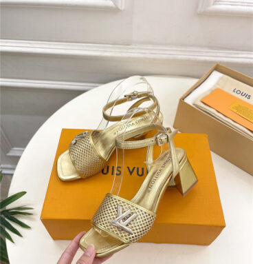 louis vuitton LV V-shaped thick heel hollow sandals replica shoes